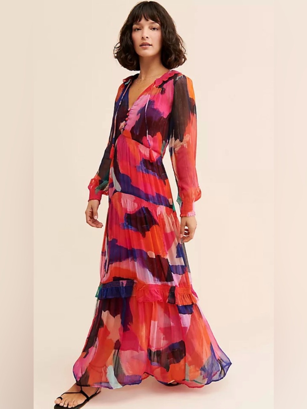 Anthropologie Multicolor Abstract Print Maxi Dress (Pink, Red, Blue, Purple)